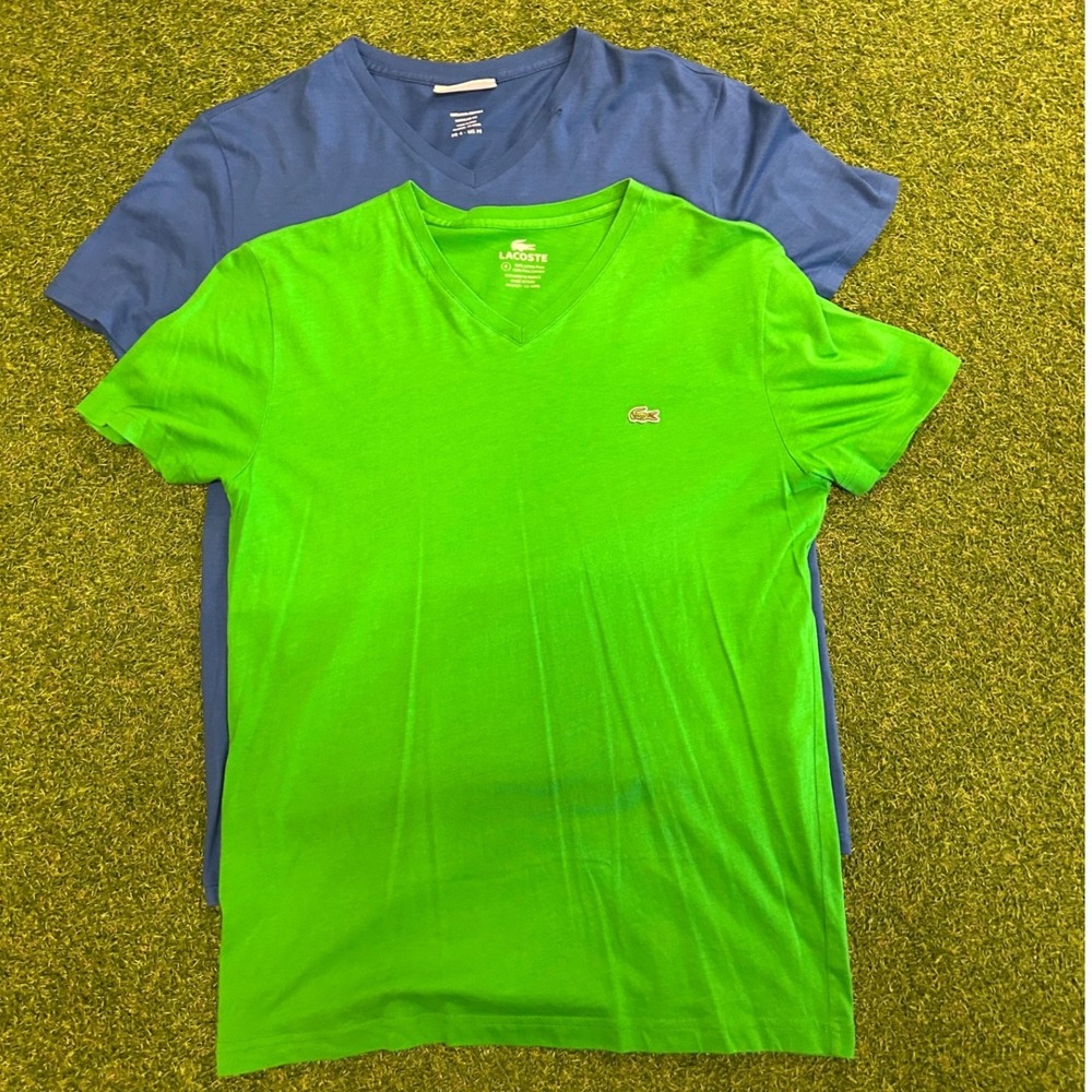 Lacoste Mens Pima Cotton V-Neck T-Shirt Bundle Green Blue Regular Fit Size 4 M